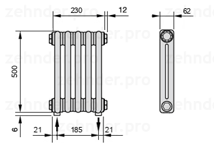 Схема (чертеж) Радиатор Zehnder Charleston 2050/5 №3570 Белый глянцевый RAL 9016